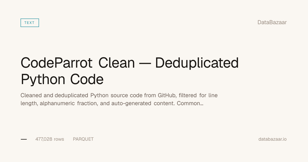 CodeParrot Clean — Deduplicated Python Code from GitHub — Free Dataset ...