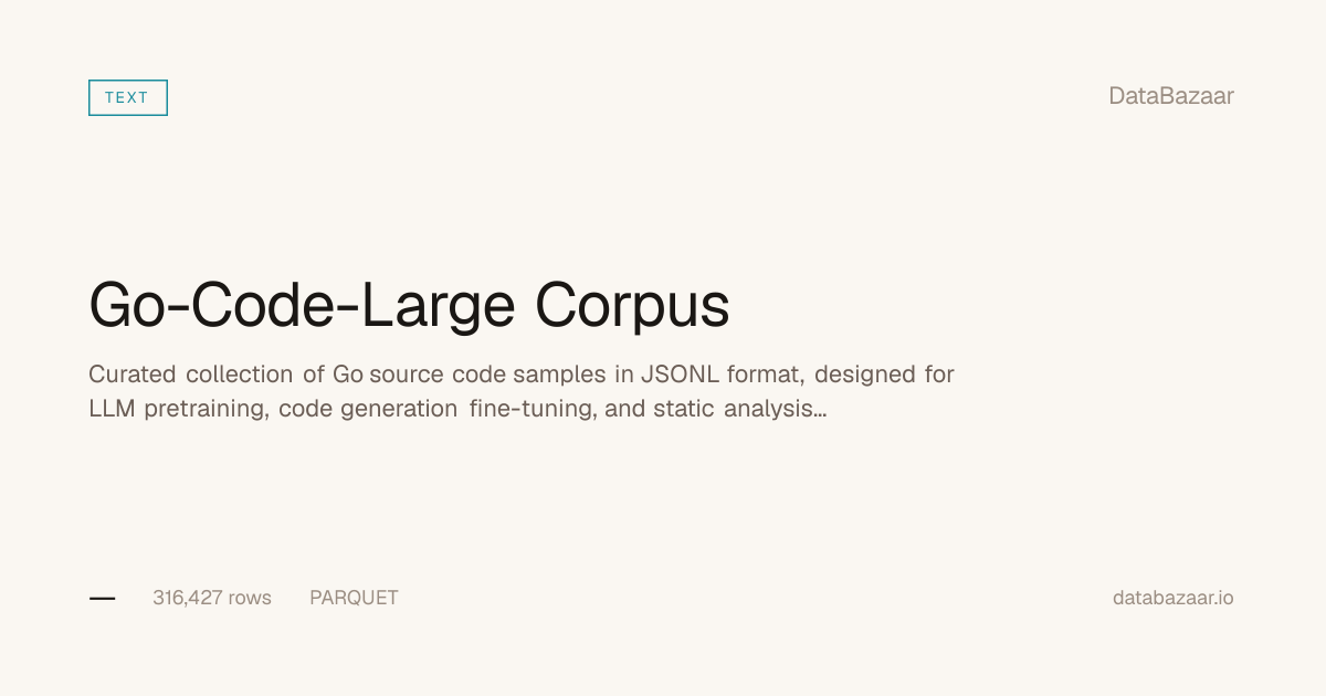 Go-Code-Large: 316K Go Source Code Samples — Free Dataset | DataBazaar